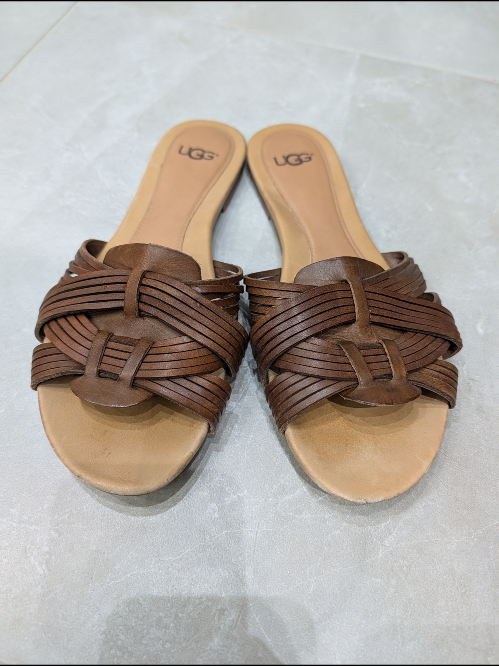 UGG Chanez Brown Woven Leather Slide Sandals Women’s Size 7